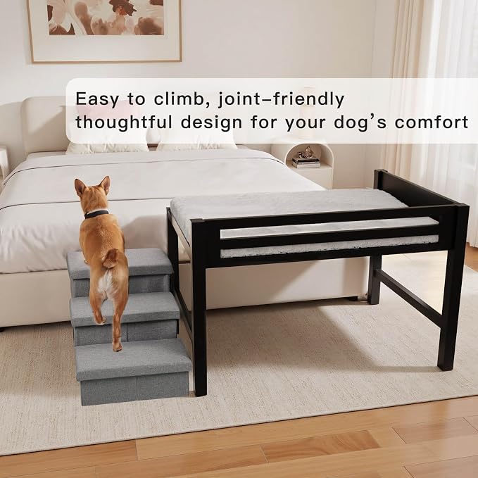 Wooden Bedside Dog Bed with Stairs, 41‘’x27'' Dog Co-Sleeper for Human Bed, Pet Bunk Bed with Removable Mattress, Foldable 3-Step Stairs and Guardrails for Large Dogs