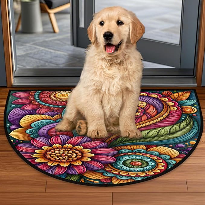 Daisy Half Round Door Mat Semi Moon Rug Fireplace Carpet Area Rugs | Color Bohemia Non Slip Absorbent Half Circle Mat Carpet for Indoor Outdoor Patio Kitchen Bathroom Entryway Home Decor