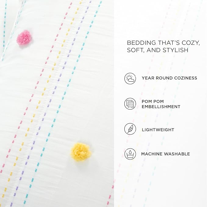 Lush Decor Rainbow Pom Pom and Stripes Quilt Set, 3 Piece Set, Full/Queen, White & Rainbow - Fun & Colorful Kids Bedding Set - Rainbow Quilt for Teen Dorm Decor - Striped Quilt - Girls Bedroom Decor