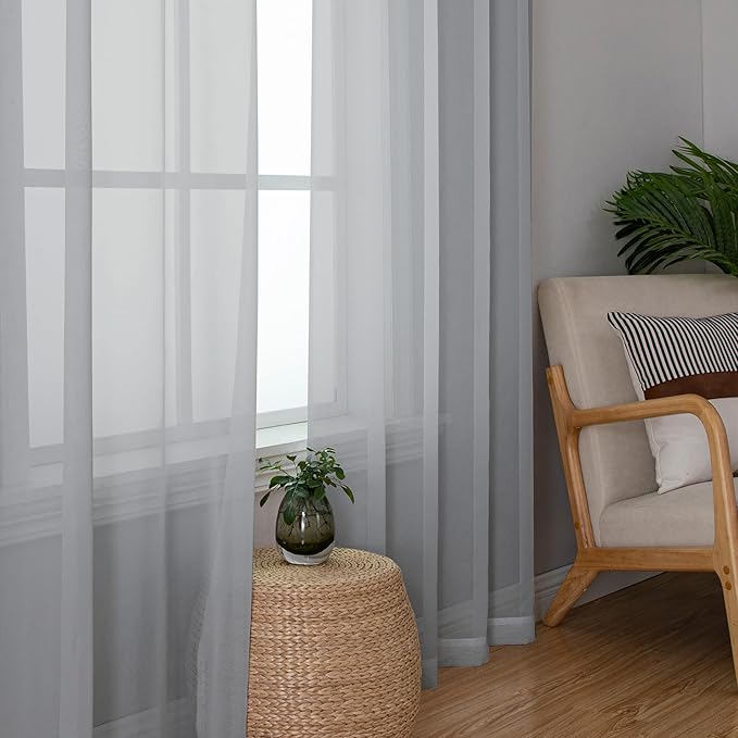 Lecloud Living Room Light Grey Sheer Curtains 72 Inch Long 2 Panels, - Image 3