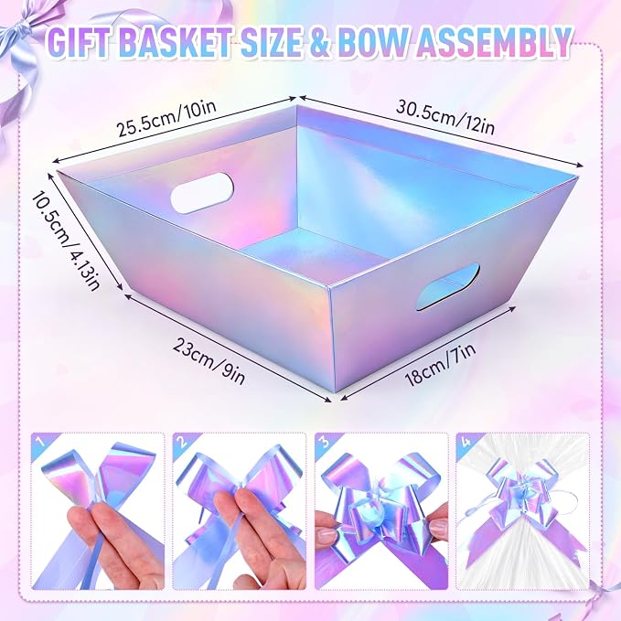AFOROEOA 20PACK Laser Baskets For Gifts Empty, 12x10x4” Holographic Iridescent Gift Basket Kit with 20 Bows & 20 Bags - Bulk Empty Gift Baskets to Fill for Large Weddings, Parties