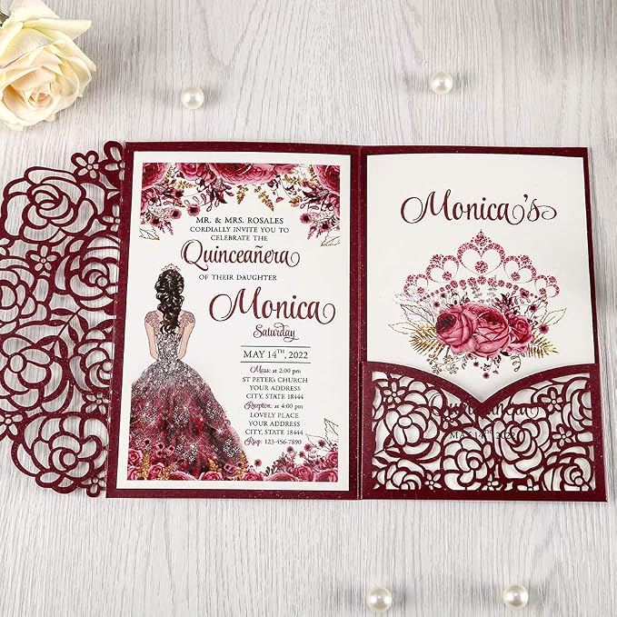 50PCS Customized Burgundy Quinceanera Invitations with Envelopes | 4.7x7 inch, Laser Cut, Invitation Cards for Miss XV, Sweet 16, 18th Birthday, Quince Invite,Quinceanera invitations, XV Anos