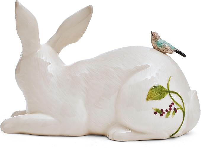 Fitz and Floyd Meadow Rabbit Ceramic Decorative Resting Figurine, 10 Inch