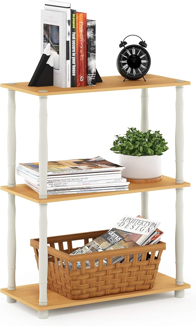 Furinno Turn-N-Tube 3-Tier Compact Multipurpose Shelf Display Rack with Classic Tube, Beech/White | Open Frame Corner Shelf, for Organization and Storage, Living Room, Garage, Home Office