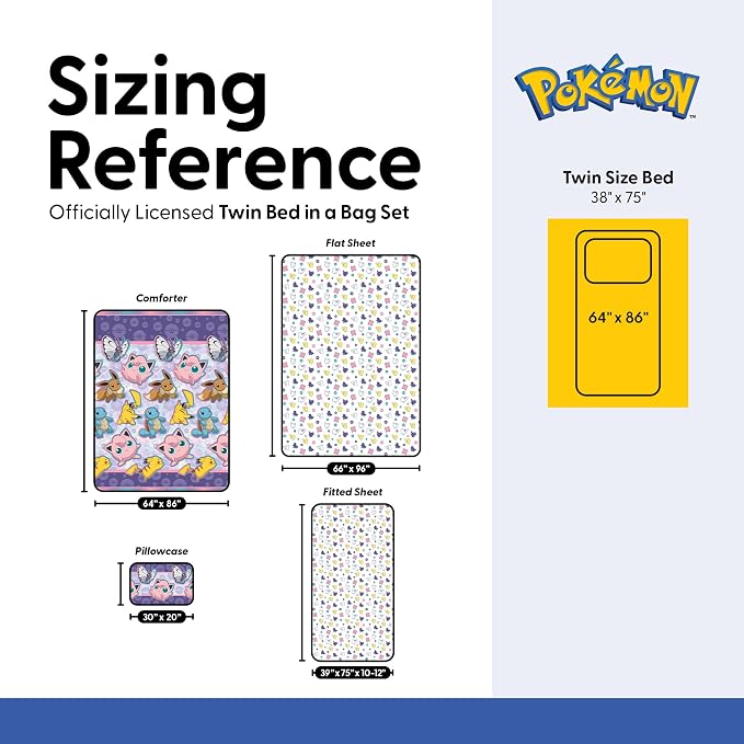 Northwest Pokemon Friendly Battle Twin Size Bed in a Bag Set, Pikachu Eevee Jigglypuff Squirtle, Kids Boys Girls Bedding Comforter Sheets