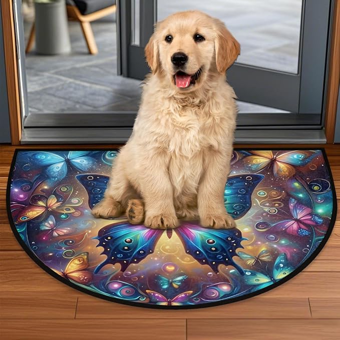 Abstract Butterfly Half Round Door Mat Semi Circle Rug Half Moon Doormat | Abstract Butterfly Soft Washable Welcome Entrance Mat for Outdoor Indoor Floor Bedroom Bathroom Home Kitchen Festival Decor