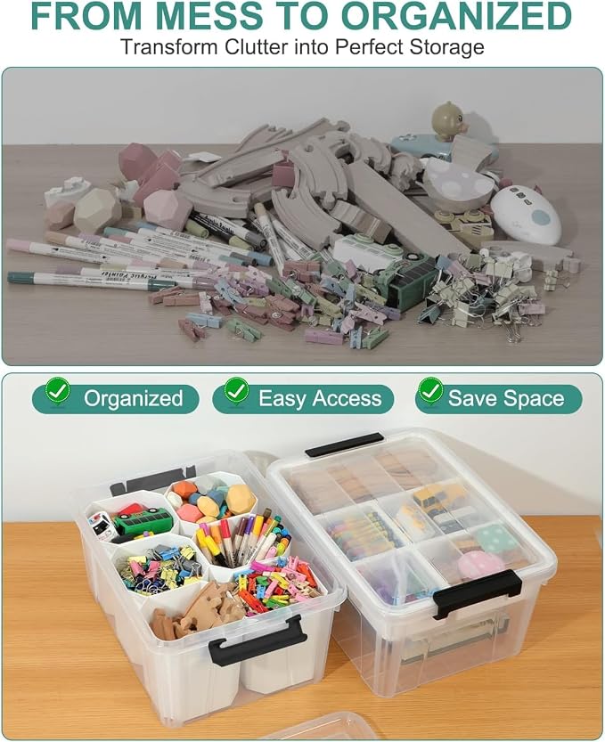 17QT Clear Storage Box with Tray for Crafts & Lego Organization | Removable 5-compartment tray separates small beads & sewing kits, while deep base stores bulky tools. Portable & BPA-free.