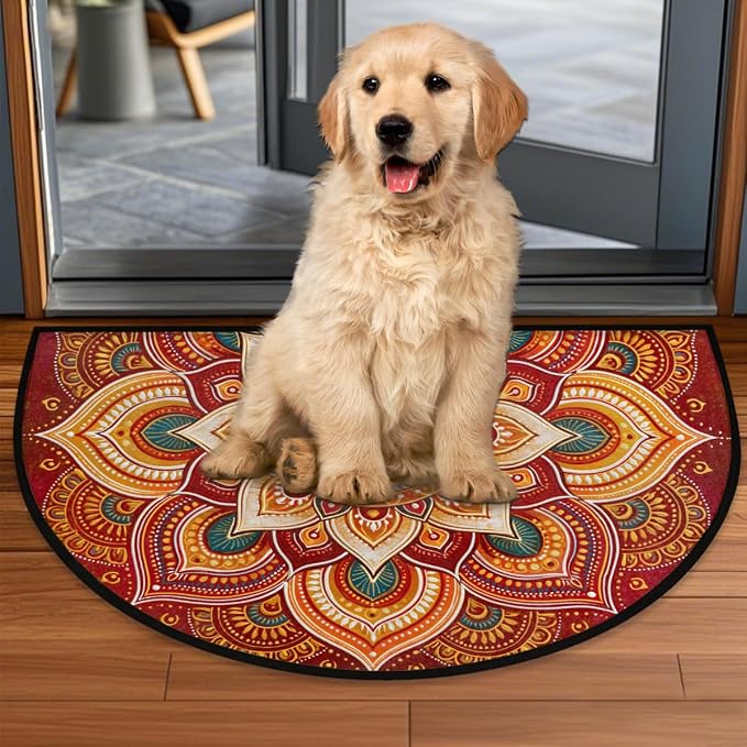 Lotu Half Round Door Mat Semi Moon Rug Fireplace Carpet Area Rugs | Red Bohemian Non Slip Absorbent Half Circle Mat Carpet for Indoor Outdoor Patio Kitchen Bathroom Entryway Home Decor