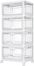 Kmiectse Clear Storage Bins with Lids - 4 Tier 23qt Plastic Stackable Bins | Closet Organizers Box for Bedroom, Living Room, 23 QT Folding Box with Magnetic door