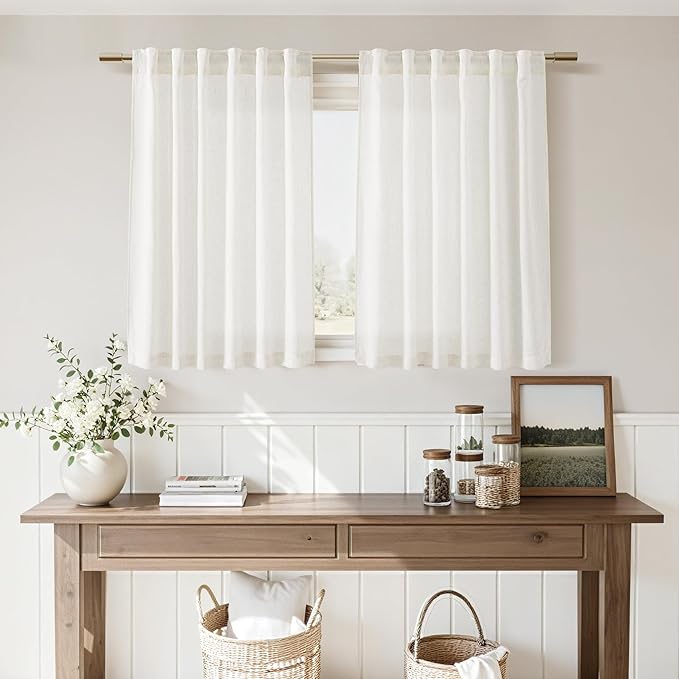 Beige White Linen Curtains for Kitchen Windows Over Sink Neutral 30 Inch Length - Image 8