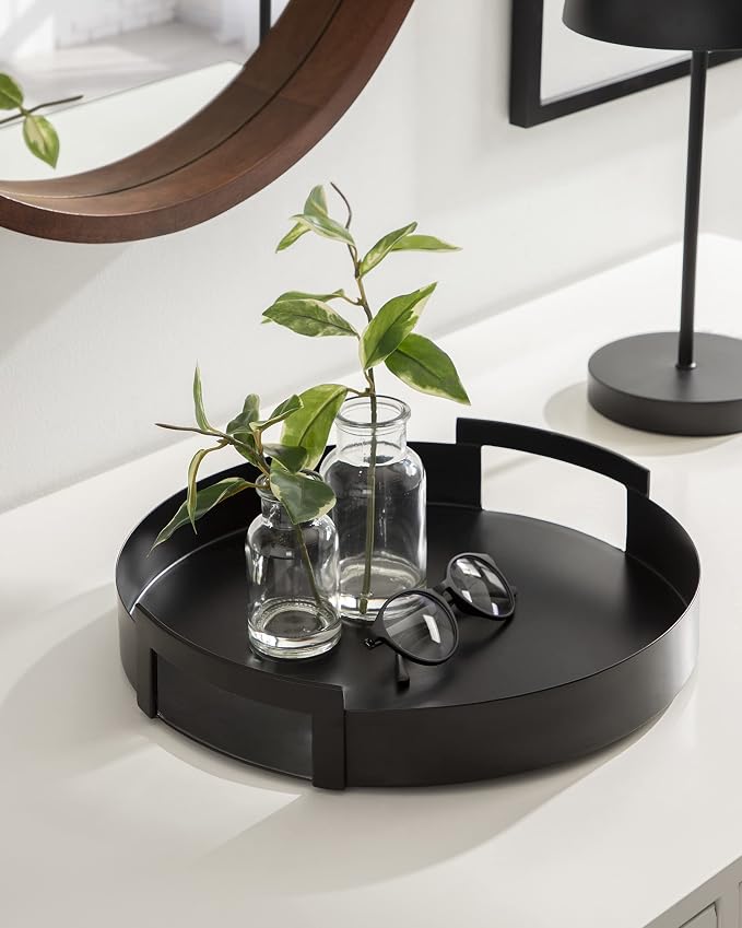 Kate and Laurel Myo Modern Round Metal Tray; 15 x 15; Black; Decorative Circular Tray for Storage and Display