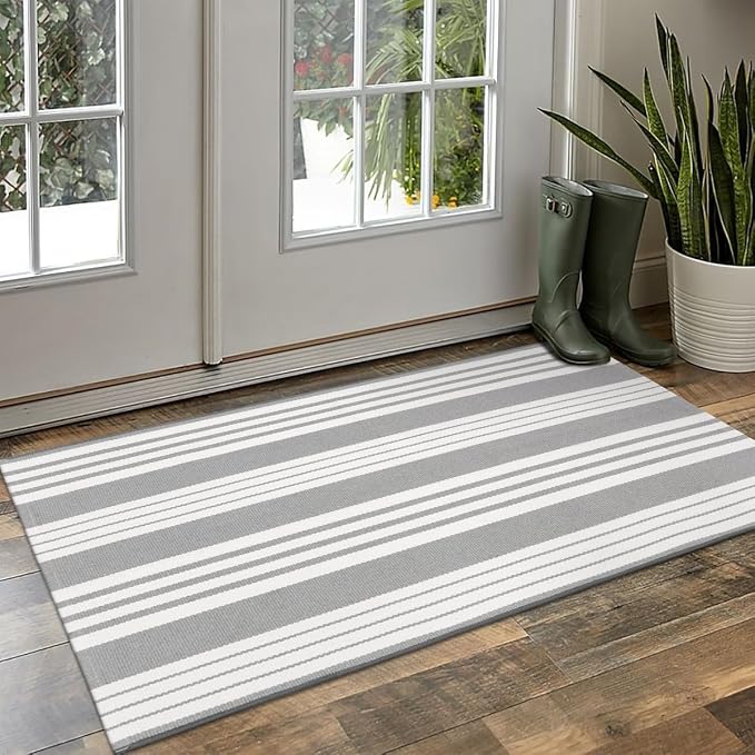 OJIA Front Door Rug 24"x51" Gray and White Striped Outdoor Rug Porch Decor | Machine Washable Porch Rug Front Door Mat Outdoor Indoor Area Rugs Cotton Woven Entry Mat for Home Entrance/Farmhouse Decor