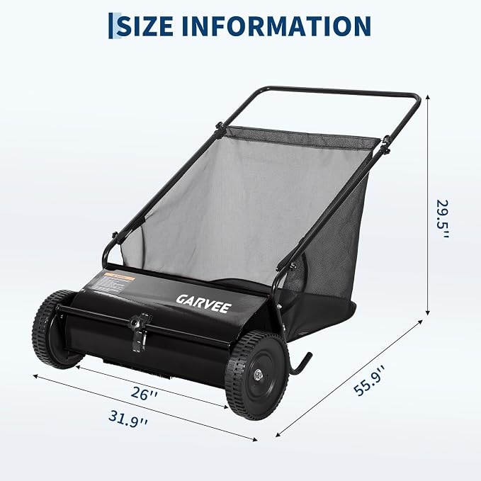26 Inch Push Lawn Sweeper with Wheels,Manual Push Sweeper for Leaves and Grass Collection,7cu. ft. Hopper Bag,4 Adjustable Spinning Brushes, Ideal for Garden, Patio and Yard Cleanup