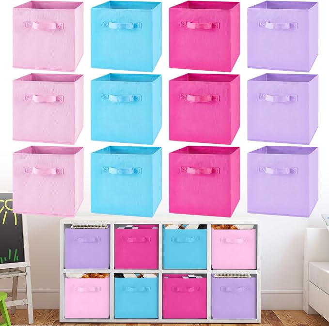 Yinder 12 Pcs Cube Storage Bin 10.5''x10.5''x11'' Storage Bins for Kids Classroom Decor Colorful Bins Foldable Baskets for Playroom Nursery Organizer Fabric Boxes (Sky Blue, Purple, Pink, Rose)