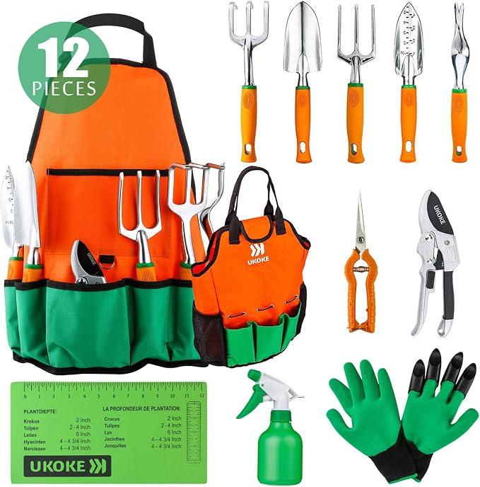 American Lawn Mower 1204-14 14-Inch Push Reel Lawn Mower Bundle with UKOKE 12-Piece Aluminum Hand Tool Gardening Kit