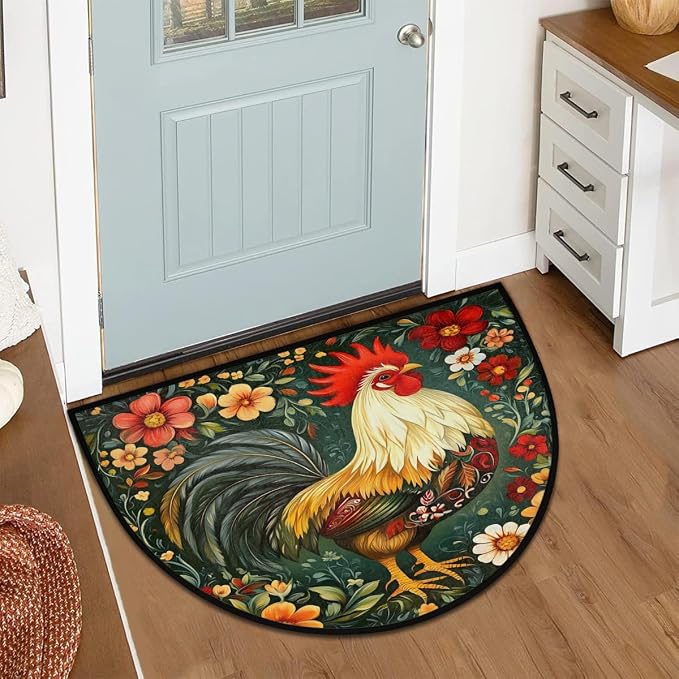 Rooster Half Round Doormat Semi Circle Rug Half Moon Rug Entryway Mat | Rooster Flower Washable Non Slip Outdoor Floor Rug Kitchen Mat for Indoor Outdoor Bathroom Fireplace Bath Decor