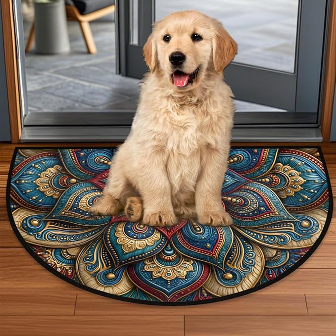 Mandala Half Round Door Mat Semi Circle Rug Half Moon Doormat | Soft Washable Blue Gold Welcome Entrance Mat for Outdoor Indoor Floor Bedroom Bathroom Home Kitchen Festival Decor