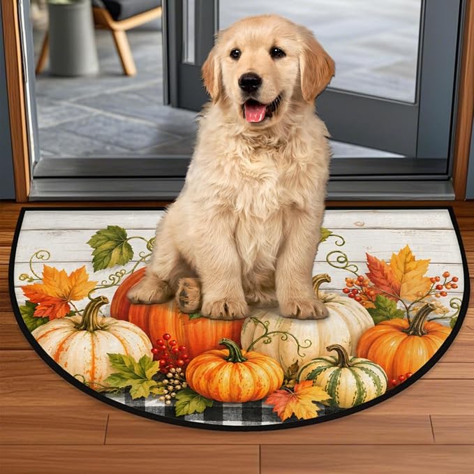 Thanksgiving Half Round Door Mat Welcome Entrance Mat Bath Bathroom Rug B6 | Autumn Pumpkin Thanksgiving Welcome Entrance Mat Anti-Slip Half Moon Bath Mat Semi Circle Rug Indoor Outdoor Kitchen Rug