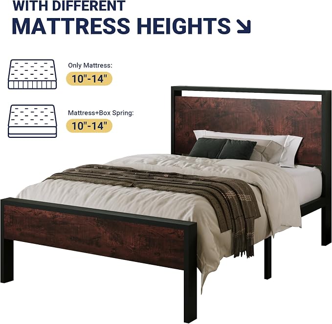 Allewie Twin Size Bed Frame, Heavy Duty 12 Metal Slats Support, Mahogany | Wooden Headboard and Footboard, Modern Platform Bed, No Box Spring Needed, Under-Bed Storage, Noise Free, Easy Assembly