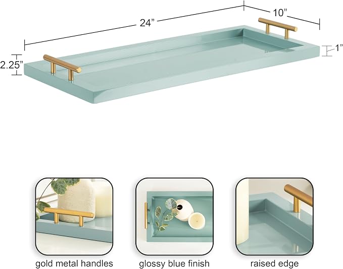 Kate and Laurel Halsey Rectangle Decorative Narrow Tray with Gold Metal Handles; 24 x 10; Blue and Gold; Modern Glam Slim Serving Tray with Handles for Living Room Decor