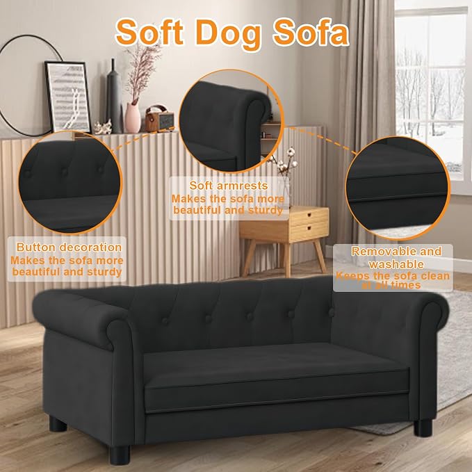 Dog Sofa for Small & Medium Dogs | Removable & Washable | No Assembly Required | Breathable Linen Fabric | Soft Foam |Floor-friendly sofa legs |Black