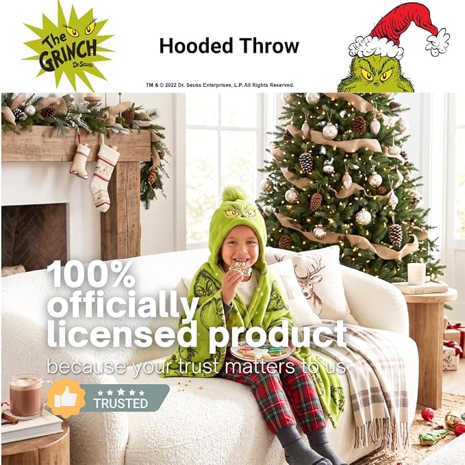 Grinch by Dr. Seuss Hooded Throw - Kids Christmas Bedding Super Soft Throw Blanket - 40 in x 50 in, (Officially Licensed Product) by Franco
