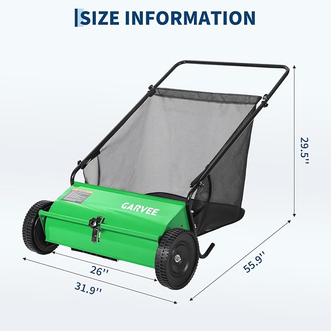 26 Inch Push Lawn Sweeper with Wheels,Manual Push Sweeper for Leaves and Grass Collection,7cu. ft. Hopper Bag,4 Adjustable Spinning Brushes, Ideal for Garden, Patio and Yard Cleanup
