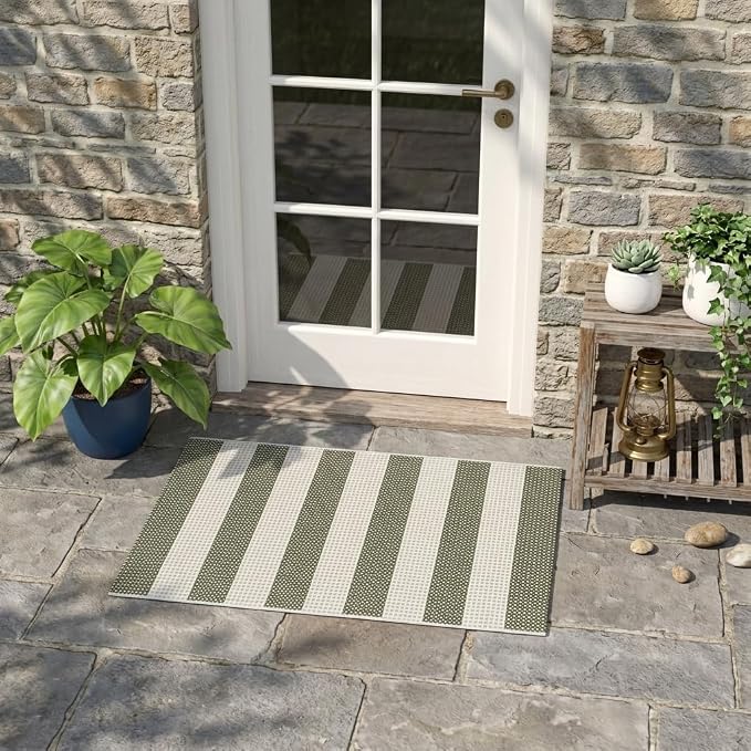 LEEVAN Door Mat Outdoor Entrance 2x3, Washable Striped Front Porch Rug, Green White and Tan Buffalo Welcome Mat, Spring Outside Entryway Rugs, Cotton Woven Indoor Outdoor Layered Doormats
