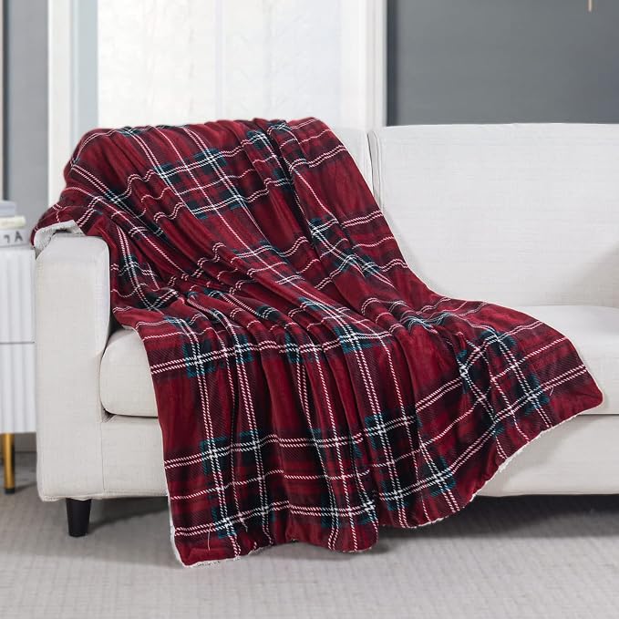 Elegant Comfort Throw Blanket, Reversible Sherpa Flannel, Ultra-Soft, Fuzzy, Cozy and Plush- All Season Lightweight Decorative Throw, 50 x 60 inches, Plaid Design Sherpa Throw, Burgundy