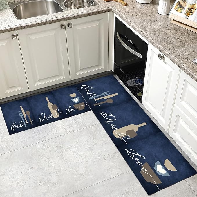 GUBIYU Set of 2 Dark Blue Area Rugs - Non Skid, Washable, Perfect for Dining Room, Kitchen, Bathroom, Farmhouse Decor