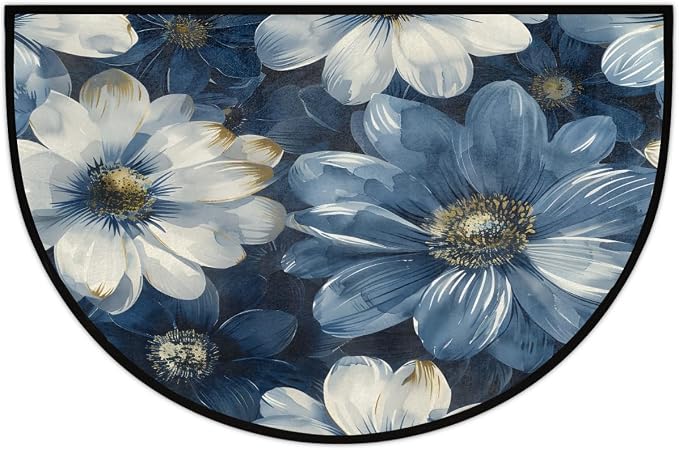 Flower Blue Half Round Door Mat Non Slip Half Circle Rugs | White Abstract Washable Half Moon Rug Semi Circle Rugs Indoor Entrance Floor Carpet for Kithen Bedroom Fireplace Decor