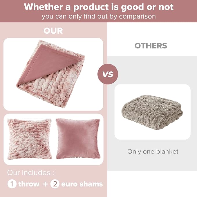 Comfort Spaces Ruched Throw Set Faux Fur Blanket, 50 x 60, Blush Tie Dye | Ultra Soft, Cozy Warmth for Sofa or Bed, Plush, OEKO-TEX Certified