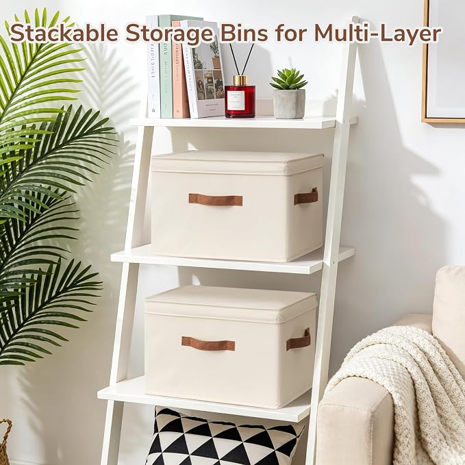 CHICVITA 4-Pack Medium Fabric Storage Baskets with Lids for Shelves,Ivory | 15" x 9.8" x 10.2" Closet Storage Bins with Durable Support Plate, Toy Storage with Handles for Playroom
