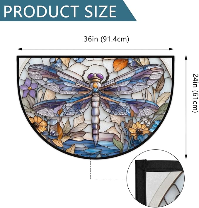 Dragonfly Half Round Door Mat Outdoor Doormat Bedroom Entrance Rug A13 | Dragonfly Glass Painting Semi Moon Door Mat Non-Slip Absorbent Kitchen Rug Indoor Welcome Bath Mat 36" X 24"