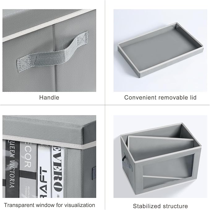 Homsorout Decorative Bins with Lids - Stackable Cube Bins for Closet, 5 Pack Clear Windows Fabric Organizer Bins, Home Organizers and Storage for Clothes, CD, Towels, Grey