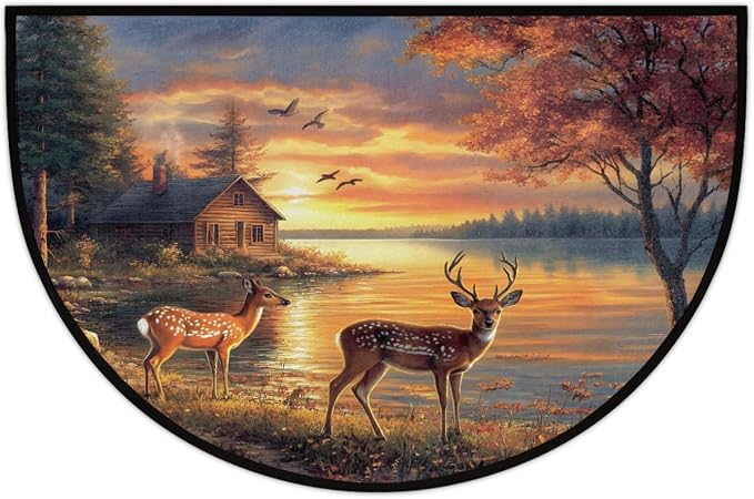 cfpolar Half Round Door Mat Animals Forest Deer Autumn Non-Slip Semi Circle Area Rug Washable Half Moon Hearth Rugs for Indoor Outdoor Bathroom Kitche
