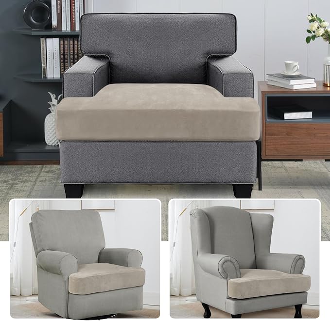 H.VERSAILTEX Stretch Velvet T Cushion Chair Covers for Living Room Armchair Sofa Cover Couch Cover Slipcover T Cushion Seat Cover Stay with Elastic Bands (Armchair, French Oak)