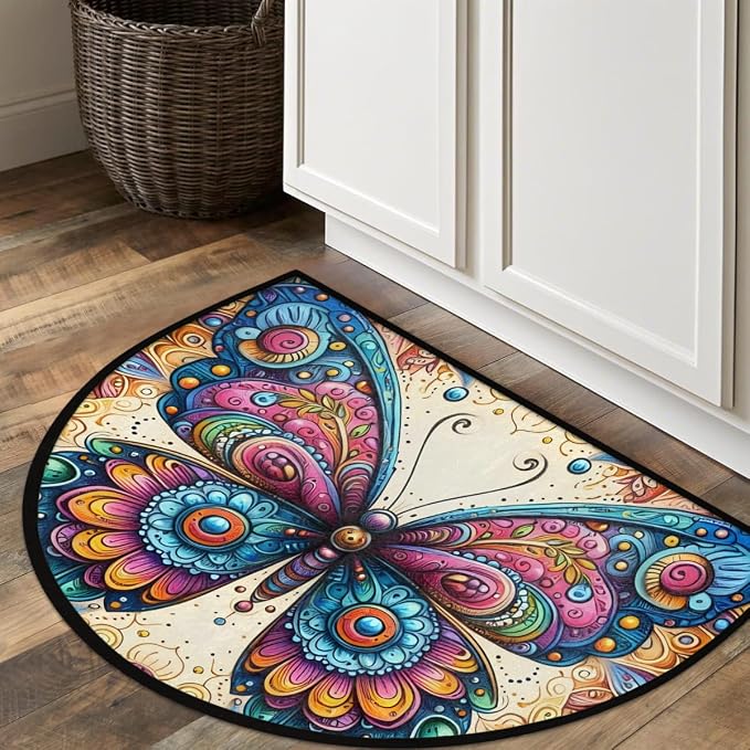 Butterfly Half Round Rug Half Moon Door Mat Half Circle Rugs | Color Animal Washable Non-Slip Semi Circle Rug Welcome Half Round Door Mat Indoor Entrance Bedroom Living Room Decor B501