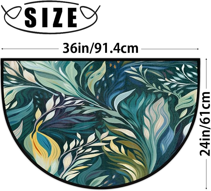Leaves Half Round Doormat Non-Slip Semi Circle Rug Half Moon Mat | Painting Turquoise Washable Soft Absorbent Indoor Outdoor Entrance Kitchen Bathroom Sink Patio Welcome Fireplace Floor Rug