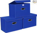 STOREONE Fabric Storage Cube Bins Foldable Organizer Container Collapsible Basket with Lids and Metal Handles, for Home, Bedroom, Closet 3 Pcs (Dark Blue)