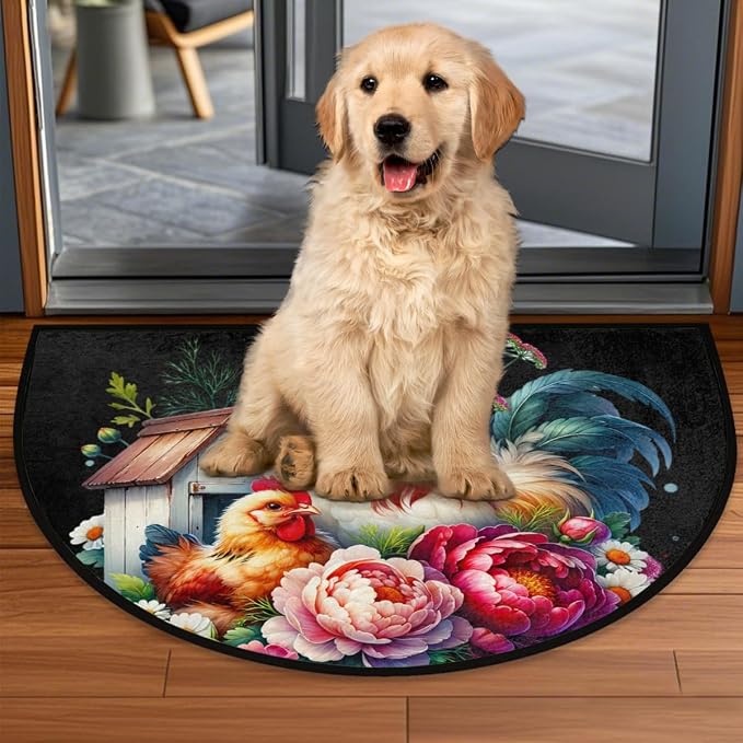 Farm Rooster Floral Half Round Door Mat Non-Slip Semi Circle Rug Washable Half Moon Floor Rug Absorbent Bathroom Area Rugs for Outdoor Indoor Fireplace Mat Entryway Kitchen Decor Rugs