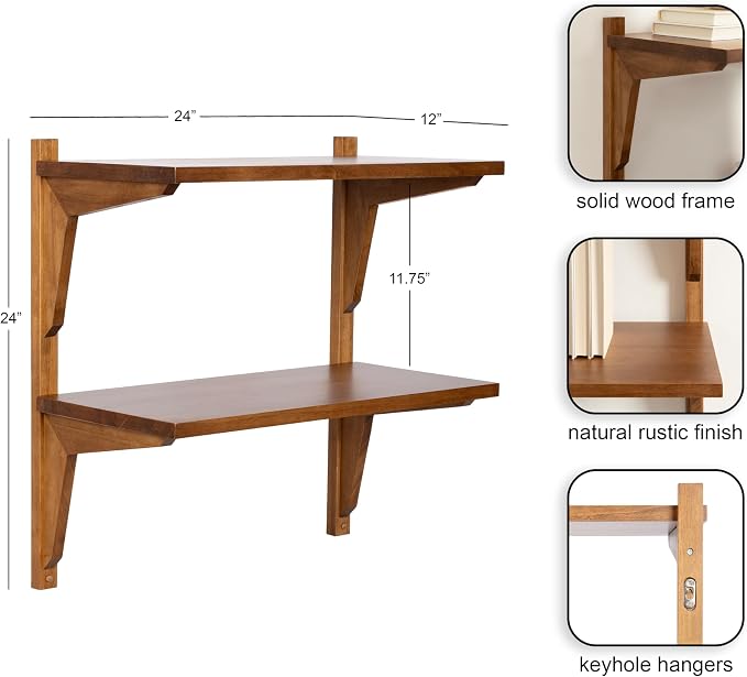 Kate and Laurel Meridien Modern Two-Tier Wooden Shelves, 24 x 12 x 24, Rustic Brown, Stunning Tiered Wall Shelf for Storage and Display as Cute Nursery Shelving or Bedroom Storage