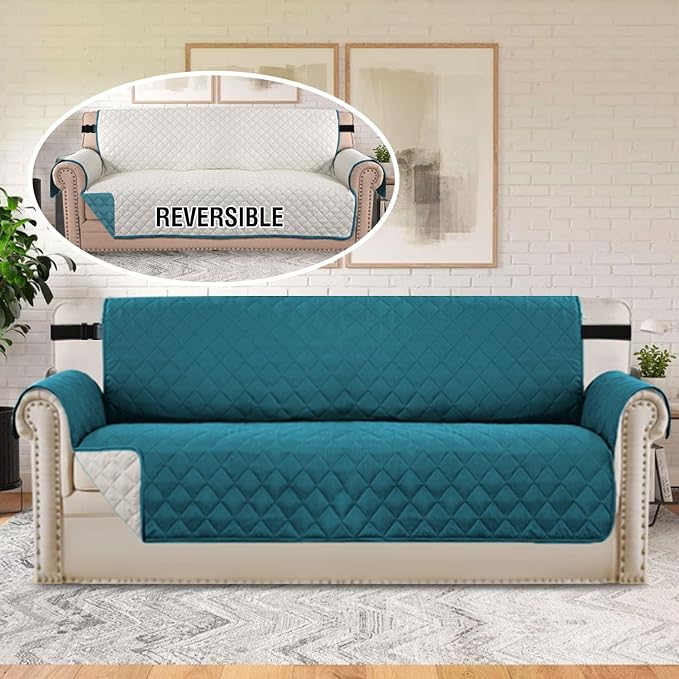 H.VERSAILTEX Reversible Quilted Sofa Cover Water Resistant Sofa Slipcover Washable Couch Cover with Non Slip Elastic Strap Furniture Protector for Kids, Dogs, Pets(Oversized Sofa, Dark Teal/Beige)