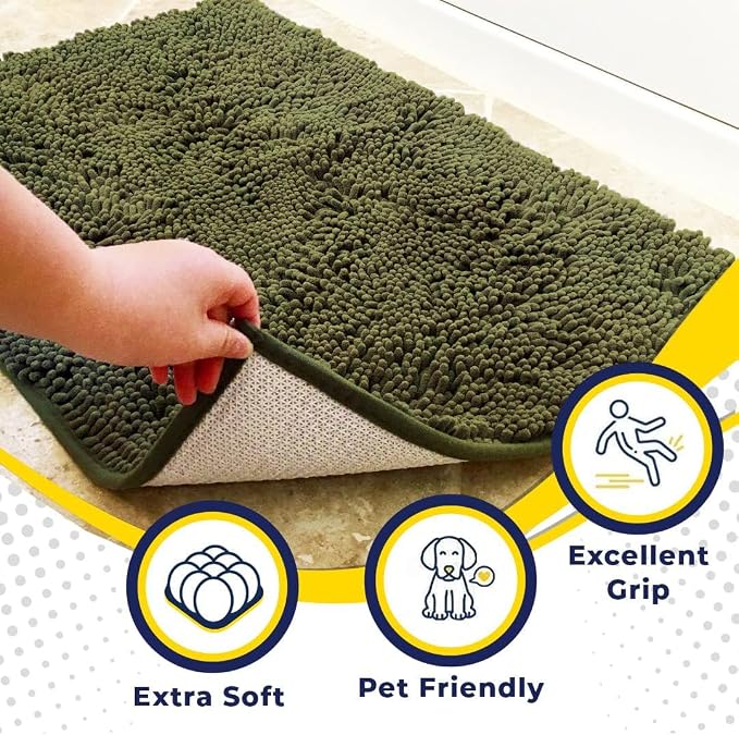 Muddy Mat® | Super Water Absorbent Door Mat Indoor, Microfiber Quick Dry Chenille Entryway Rug, Slip Resistant Front Door Mat, Indoor Mats for Entryway, Machine Washable Pet Rug, Army Green 3ft x 3ft