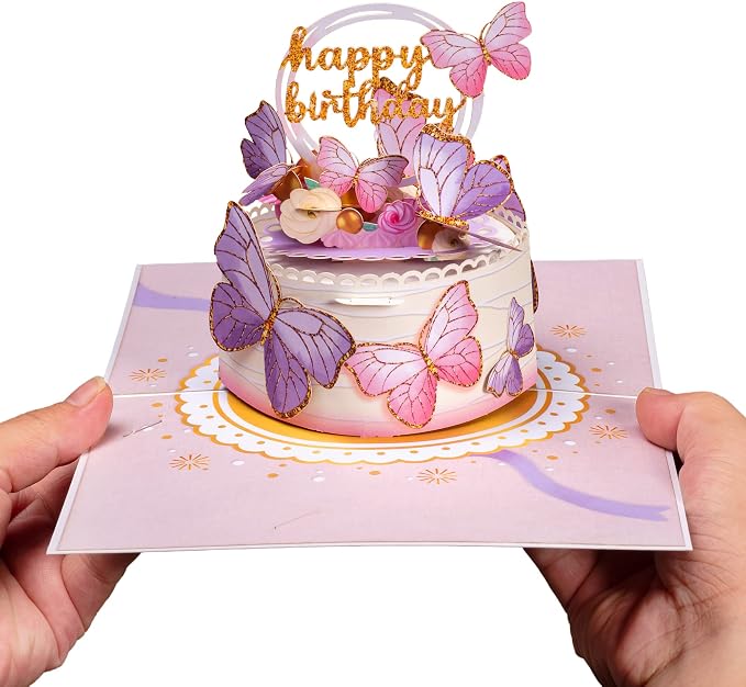 Paper Love Birthday Pop Up Cards 2 Pack - Includes 1 Birthday Butterfly and 1 Butterfly Birthday Cake, For Adults or Kids -5" x 7" Cover - Includes Envelope and Note Tag
