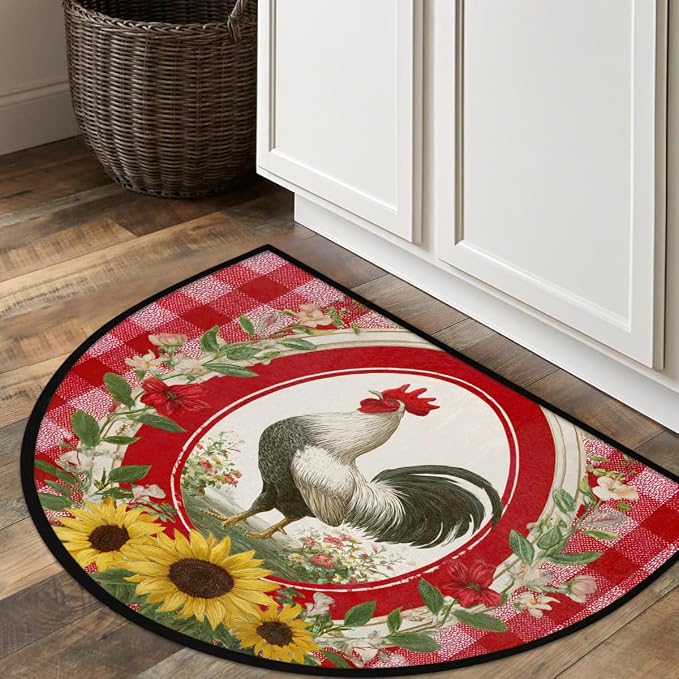 Half Round Door Mat Red Checkered Rooster Half Moon Doormat Absorbent Bedroom Kitchen Floor Mat Non Slip Decoration Semi Circle Entrance Welcome Rug for Indoor Outdoor Patio Fireplace Decor 24"x36"