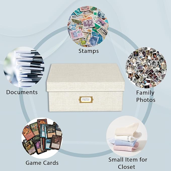 Decorative Photo Storage Box, Linen Photo Box Holds 1700 4x6 Pictures Beige | Photo Storage Containers with 8 Dividers, Memory Keepsake Organizer for Photos, Scrapbook Supplies, Cards, Stamps,Archive Box