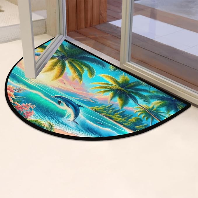 Dolphin Beach Palm Trees Half Round Mat Half Moon Door Rug Washable Durable Semi Circle Carpet Floor mats for Indoor Outdoor Bathroom Kitchen Patio Hearth Rug Laundry Room Home Decoration