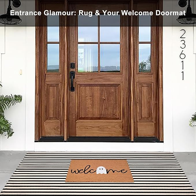 Black and White Striped Rugs, 4'x6' Area Rug Washable Indoor Outdoor Rug Cotton Hand-Woven Farmhouse Layered Double Door Mats for Front Porch, Patio, Entryway, Laundry Room, Bedroom