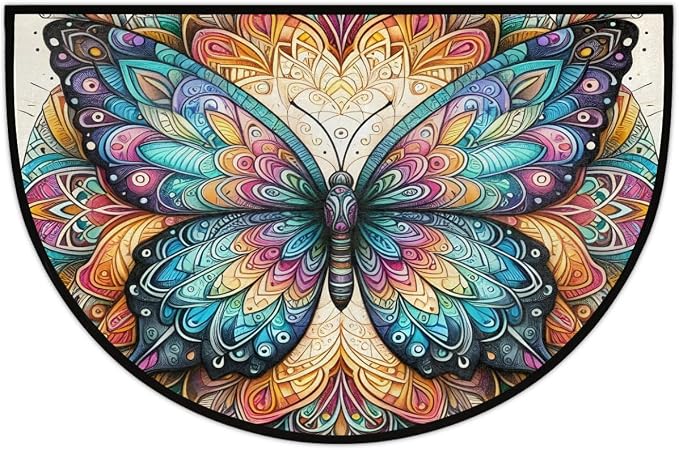 Colorful Butterfly Boho Half Round Mat Half Moon Door Rug Washable Durable Semi Circle Carpet Floor mats for Indoor Outdoor Bathroom Kitchen Patio Hearth Rug Laundry Room Home Decoration